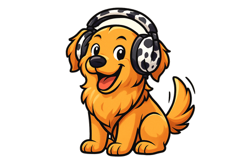 animated dog wearing cowprint headphones