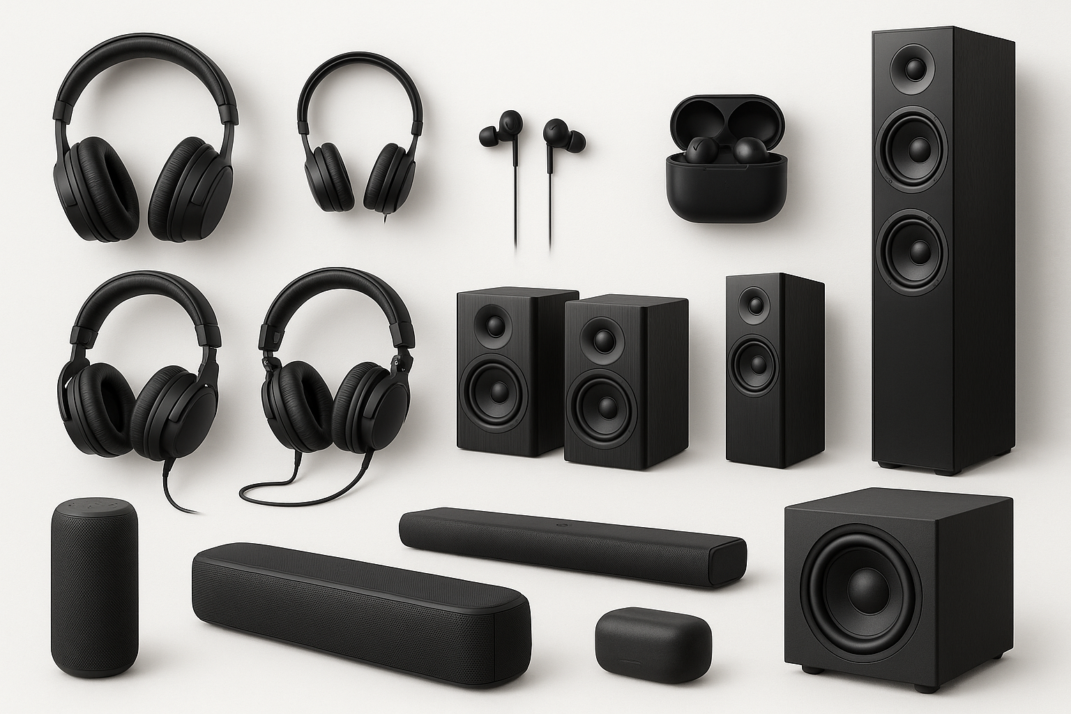 different types of headphones and speakers